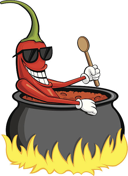 chilipot This is a chili pepper sitting in a pot of boiling hot chili holding a wooden spoon. Great for chili cook offs.